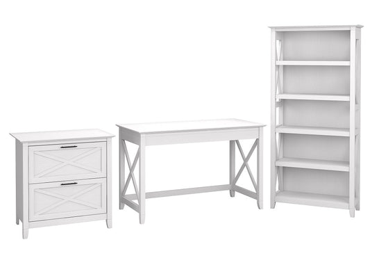 Bush Furniture - Key West 48W Writing Desk with 2 Drawer Lateral File Cabinet and 5 Shelf Bookcase in Pure White Oak - KWS004WT veiw 1