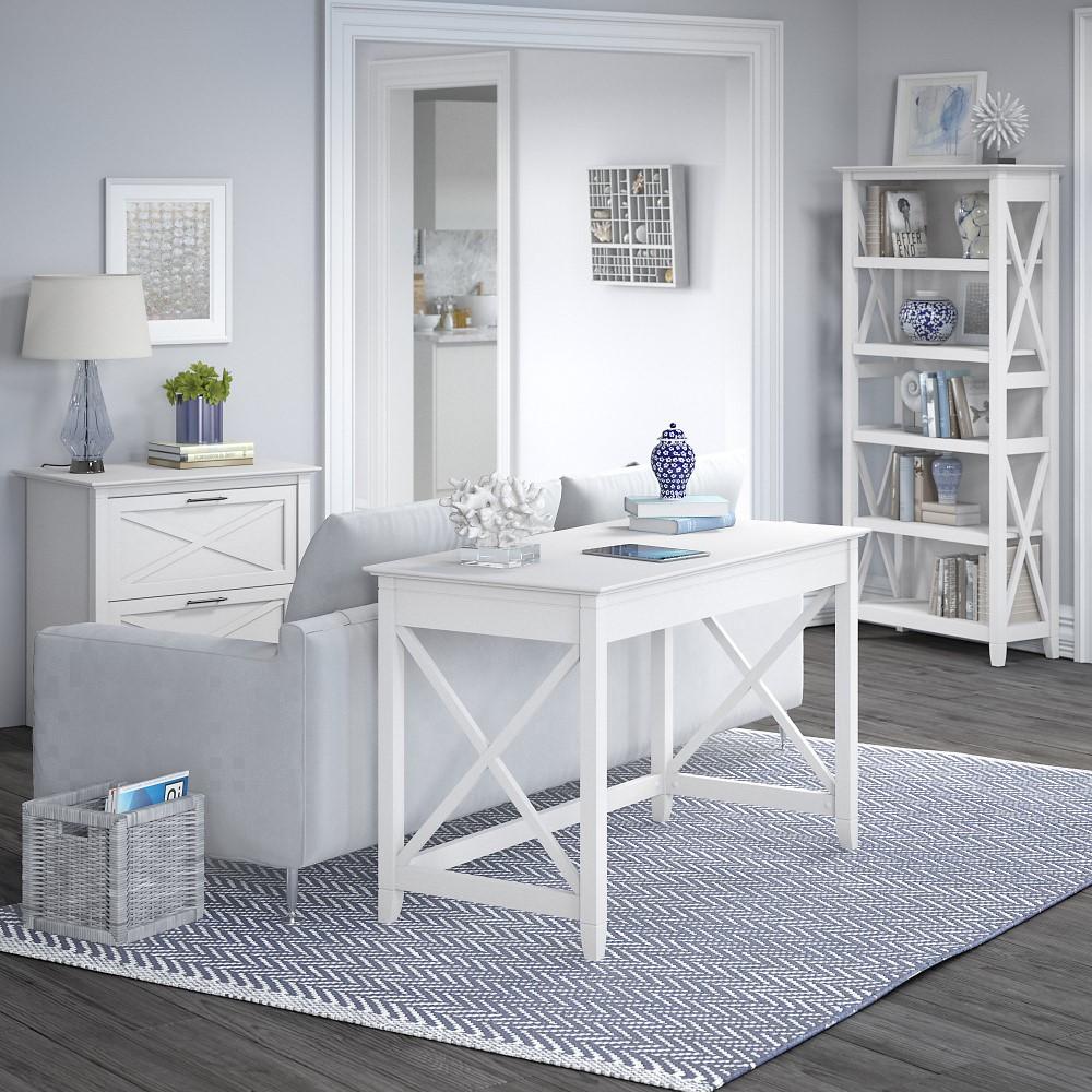 Bush Furniture - Key West 48W Writing Desk with 2 Drawer Lateral File Cabinet and 5 Shelf Bookcase in Pure White Oak - KWS004WT veiw 2