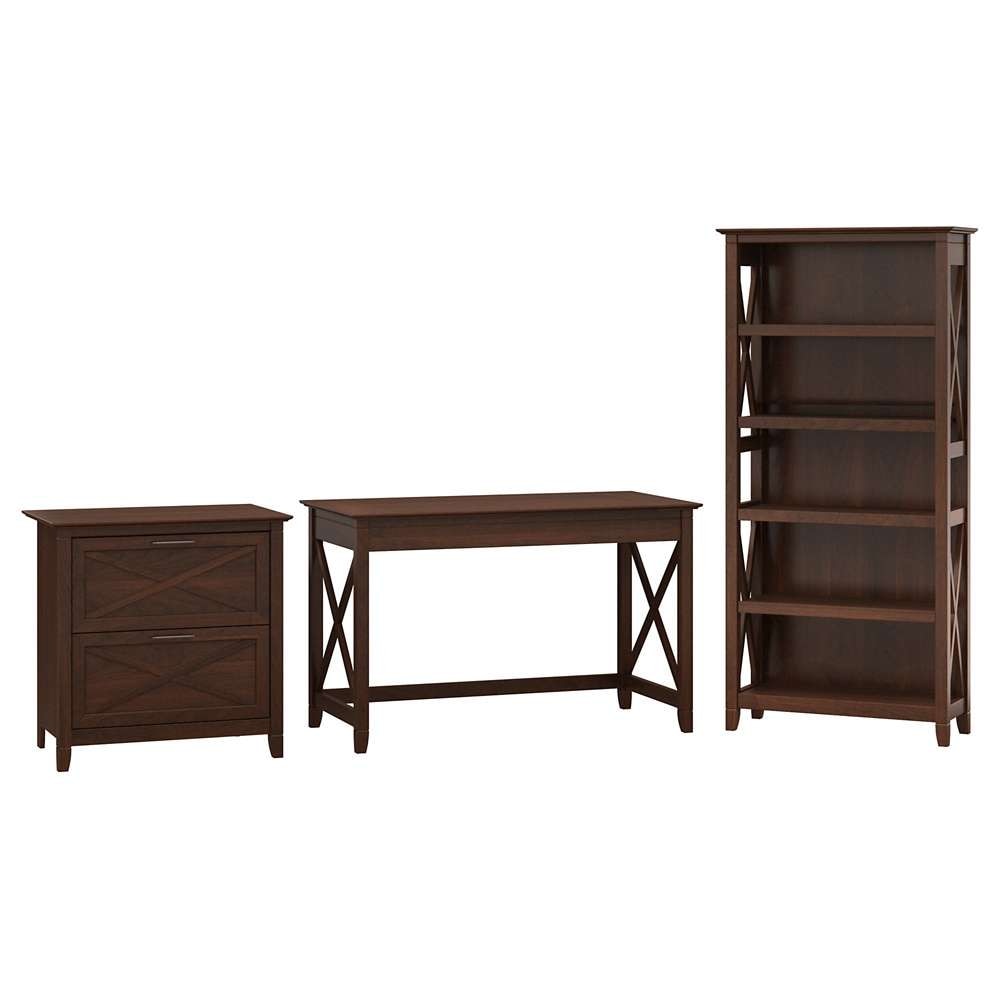 Bush Furniture - Key West 48W Writing Desk with 2 Drawer Lateral File Cabinet and 5 Shelf Bookcase in Bing Cherry - KWS004BC veiw 1