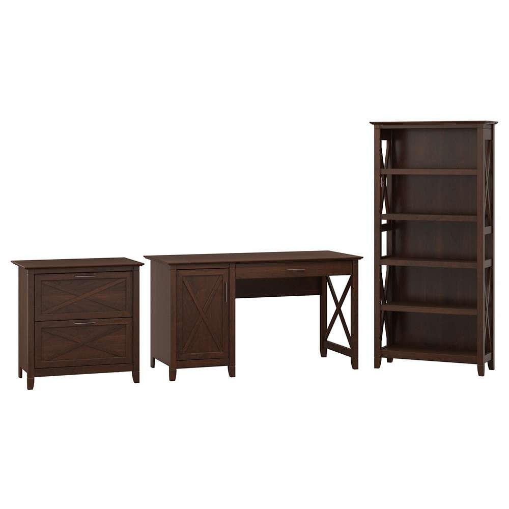 Bush Furniture - Key West 54W Computer Desk with 2 Drawer Lateral File Cabinet and 5 Shelf Bookcase in Bing Cherry - KWS009BC veiw 1