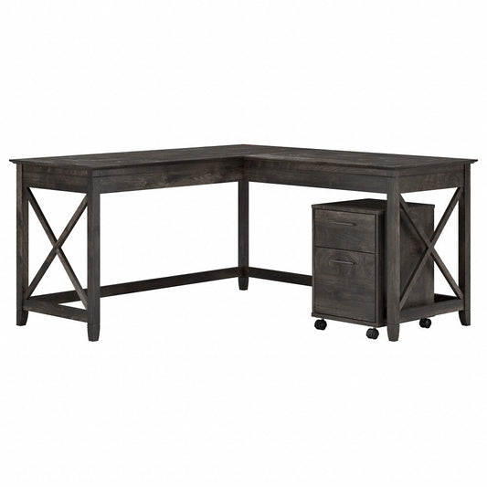 Bush Furniture - Key West 60W L Desk with Mobile Ped in Dark Gray Hickory - KWS013GH veiw 1