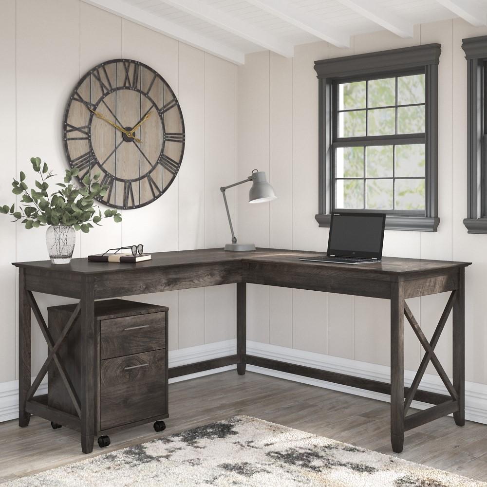 Bush Furniture - Key West 60W L Desk with Mobile Ped in Dark Gray Hickory - KWS013GH veiw 2