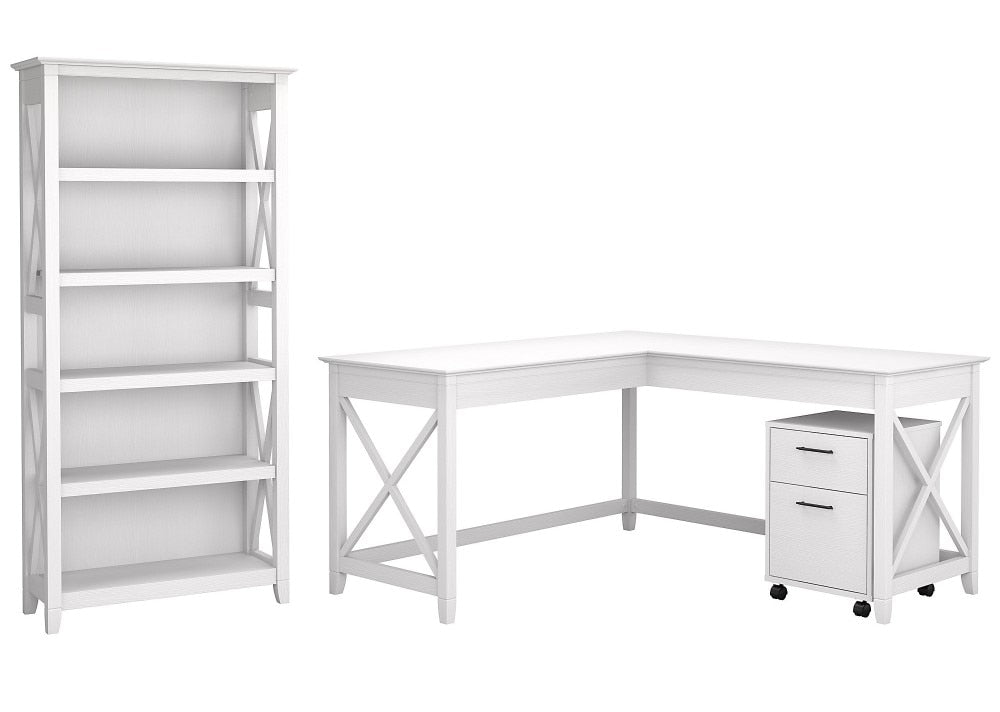 Bush Furniture - Key West 60W L Shaped Desk with 2 Drawer Mobile File Cabinet and 5 Shelf Bookcase in Pure White Oak - KWS016WT veiw 1