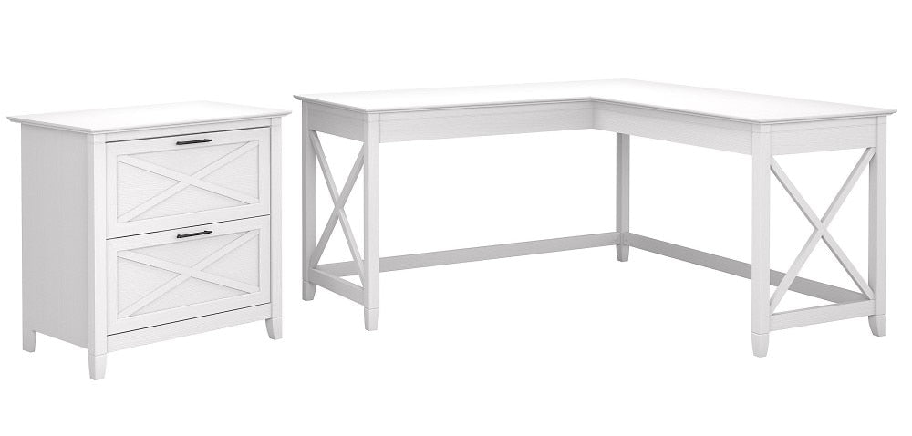 Bush Furniture - Key West 60W L Shaped Desk with 2 Drawer Lateral File Cabinet in Pure White Oak - KWS014WT veiw 1