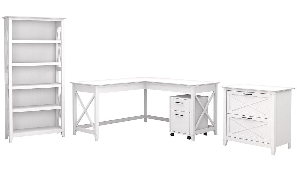 Bush Furniture - Key West 60W L Shaped Desk with File Cabinets and 5 Shelf Bookcase in Pure White Oak - KWS017WT veiw 1