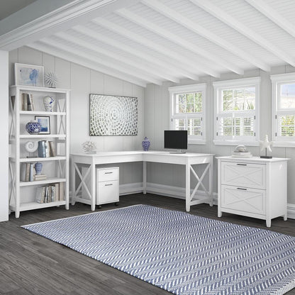 Bush Furniture - Key West 60W L Shaped Desk with File Cabinets and 5 Shelf Bookcase in Pure White Oak - KWS017WT veiw 5
