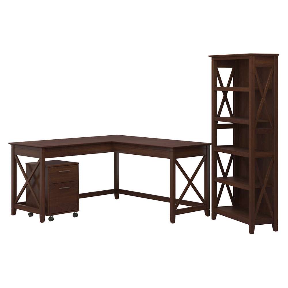 Bush Furniture - Key West 60W L Shaped Desk with 2 Drawer Mobile File Cabinet and 5 Shelf Bookcase in Bing Cherry - KWS016BC veiw 1