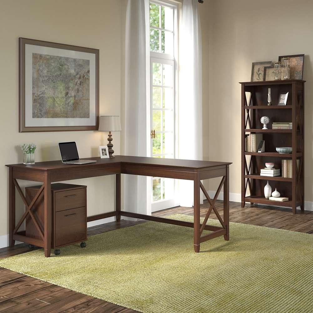 Bush Furniture - Key West 60W L Shaped Desk with 2 Drawer Mobile File Cabinet and 5 Shelf Bookcase in Bing Cherry - KWS016BC veiw 4