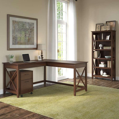 Bush Furniture - Key West 60W L Shaped Desk with 2 Drawer Mobile File Cabinet and 5 Shelf Bookcase in Bing Cherry - KWS016BC veiw 4