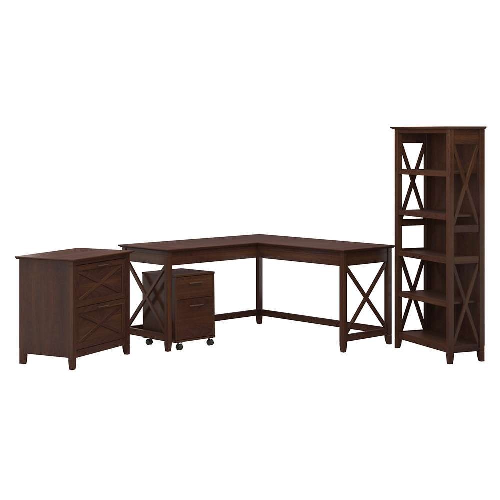 Bush Furniture - Key West 60W L Shaped Desk with File Cabinets and 5 Shelf Bookcase in Bing Cherry - KWS017BC veiw 1