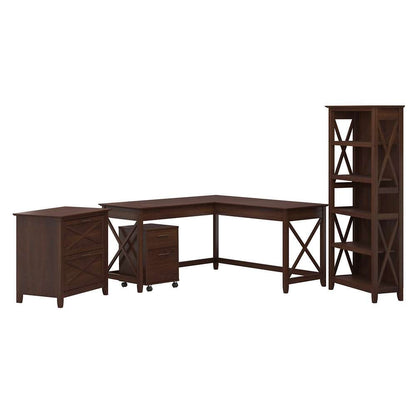 Bush Furniture - Key West 60W L Shaped Desk with File Cabinets and 5 Shelf Bookcase in Bing Cherry - KWS017BC veiw 1