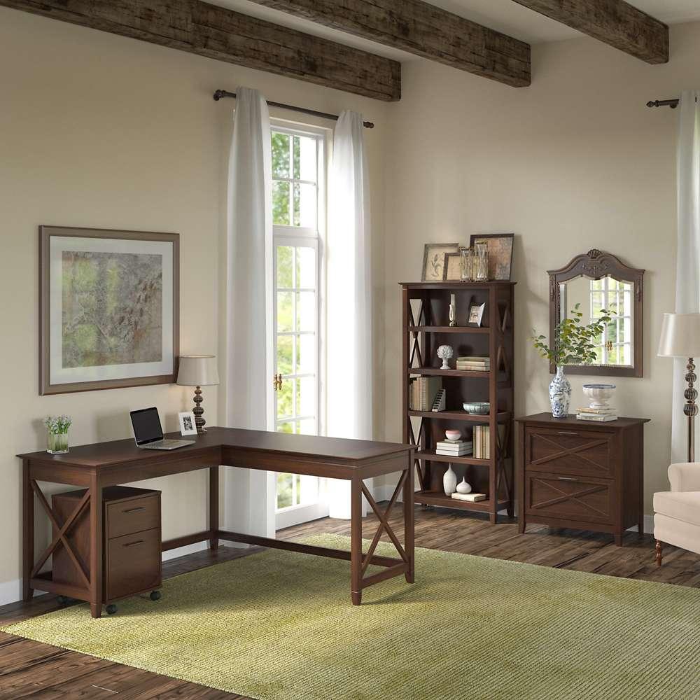 Bush Furniture - Key West 60W L Shaped Desk with File Cabinets and 5 Shelf Bookcase in Bing Cherry - KWS017BC veiw 4