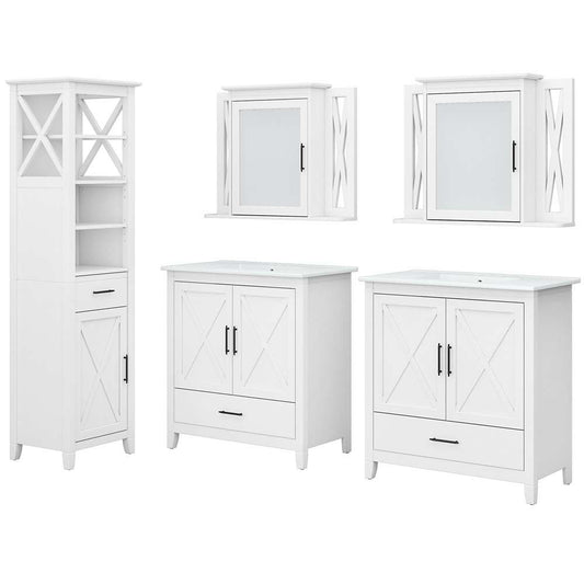Bush Furniture - Key West 64W Double Vanity Set with Sinks, Medicine Cabinets and Linen Tower in White Ash - KWS044WAS veiw 1