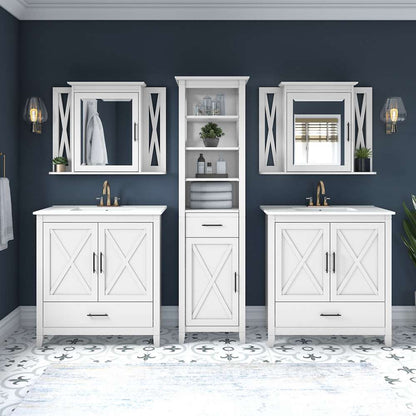 Bush Furniture - Key West 64W Double Vanity Set with Sinks, Medicine Cabinets and Linen Tower in White Ash - KWS044WAS veiw 4