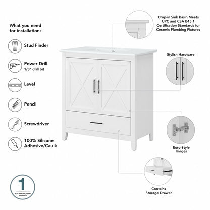 Bush Furniture - Key West Bathroom 32W Vanity with Ceramic Basin in White Ash - KWVN132WAS-03K veiw 6