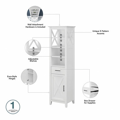 Bush Furniture - Key West Bathroom Narrow Bookcase with Door in White Ash - KWS168WAS-Z veiw 6