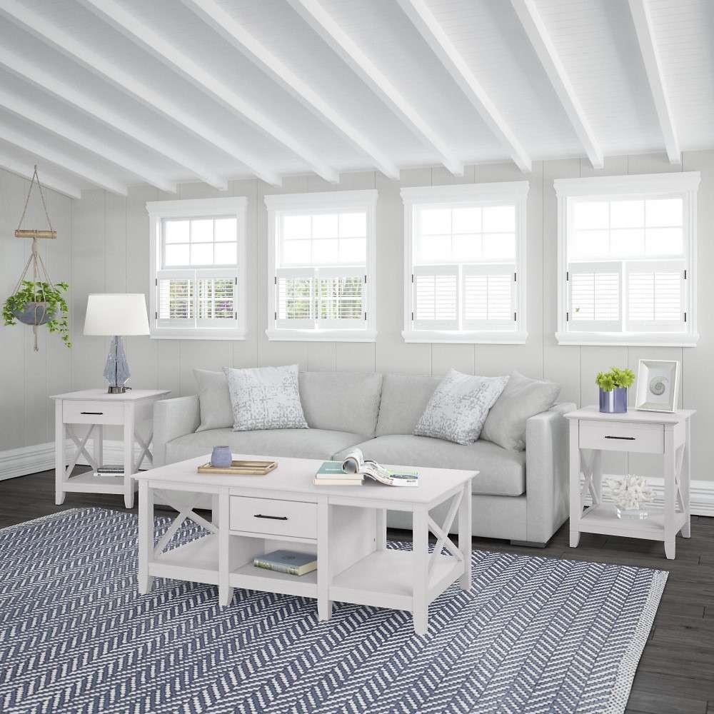 Bush Furniture - Key West Coffee Table with (Set of 2) End Tables in Pure White Oak - KWS023WT veiw 1