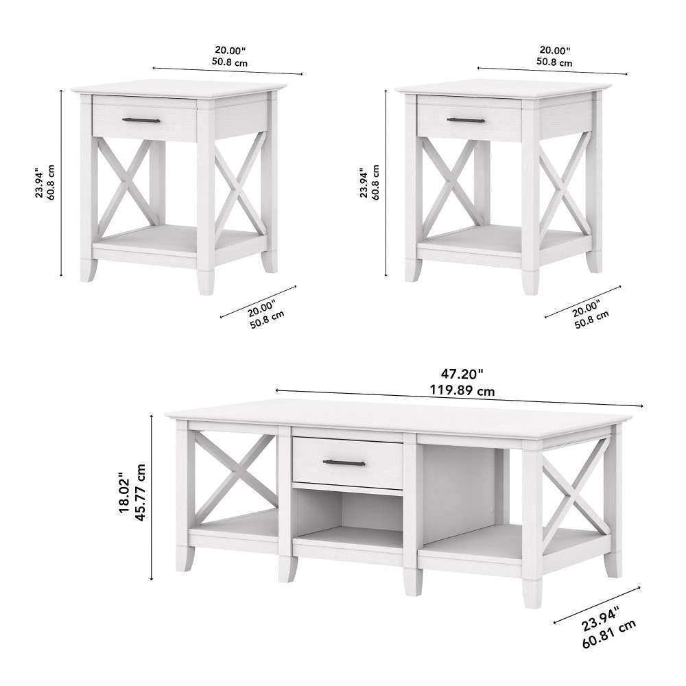 Bush Furniture - Key West Coffee Table with (Set of 2) End Tables in Pure White Oak - KWS023WT veiw 6