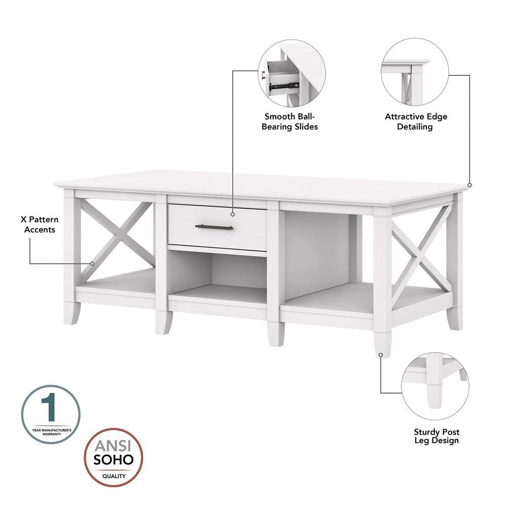 Bush Furniture - Key West Coffee Table with Storage in Pure White Oak - KWT148WT-03 veiw 3
