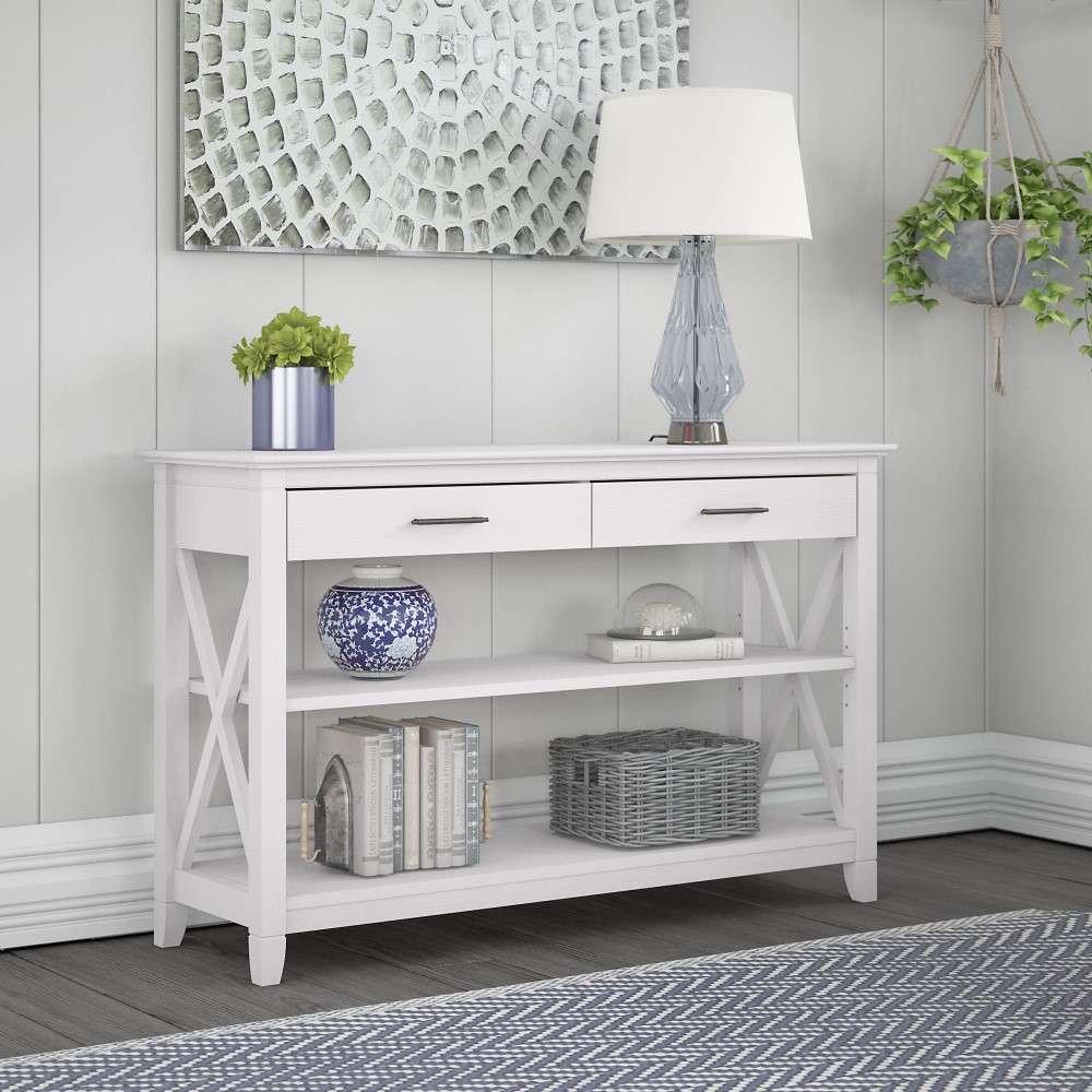 Bush Furniture - Key West Console Table with Drawers and Shelves in Pure White Oak - KWT248WT-03 veiw 1
