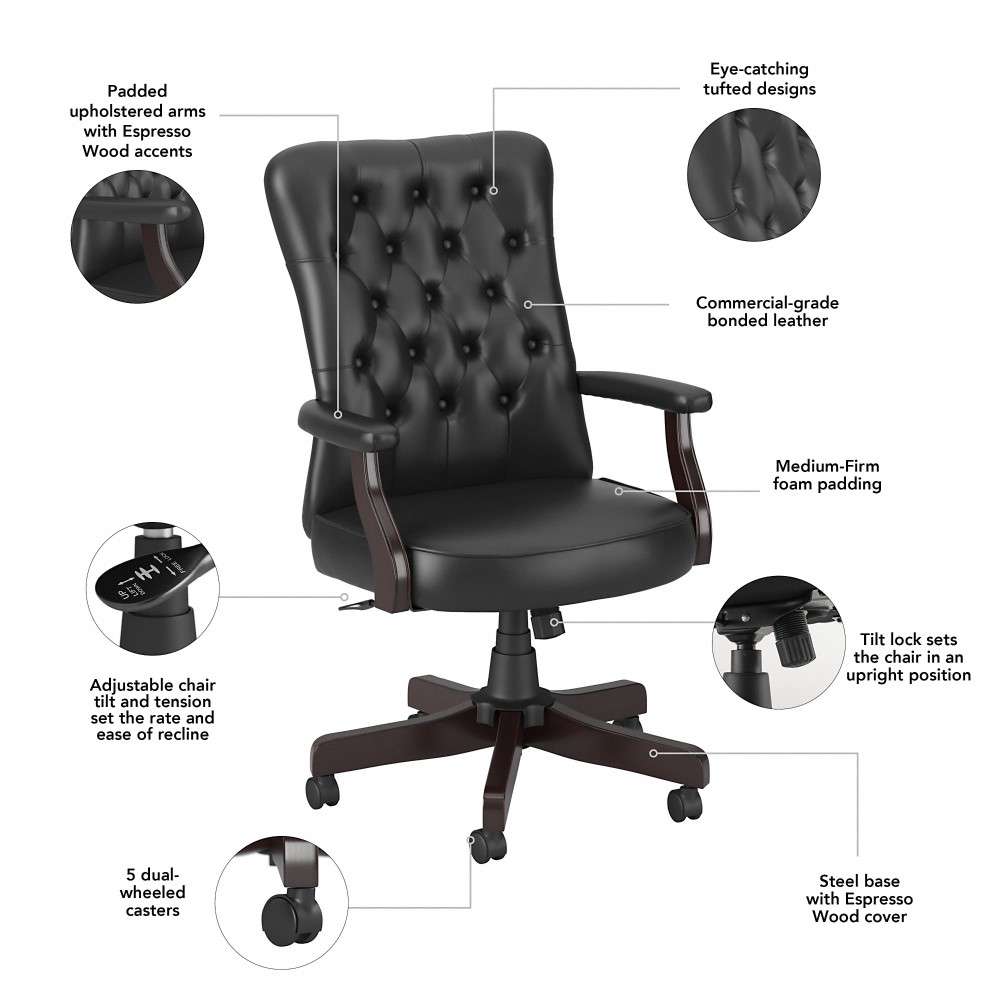 Bush Furniture - Key West High Back Tufted Office Chair with Arms in Black Leather - KWSCH2303BLL-Z veiw 6