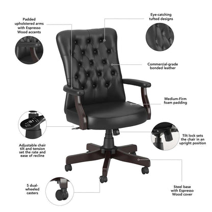 Bush Furniture - Key West High Back Tufted Office Chair with Arms in Black Leather - KWSCH2303BLL-Z veiw 6