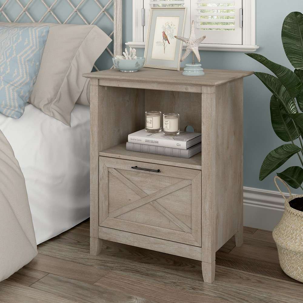 Bush Furniture - Key West Nightstand with Drawer in Washed Gray - KWF124WG-Z veiw 4