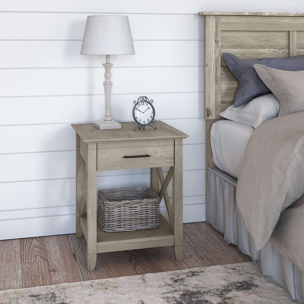 Bush Furniture - Key West Nightstand with Drawer in Washed Gray - KWT120WG-Z veiw 1