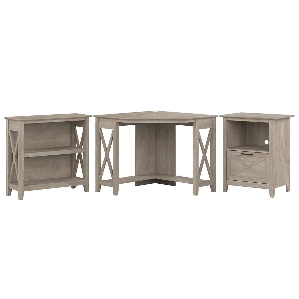 Bush Furniture - Key West Small Corner Desk with Bookcase and Lateral File Cabinet in Washed Gray - KWS050WG veiw 1