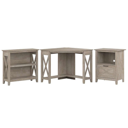 Bush Furniture - Key West Small Corner Desk with Bookcase and Lateral File Cabinet in Washed Gray - KWS050WG veiw 1