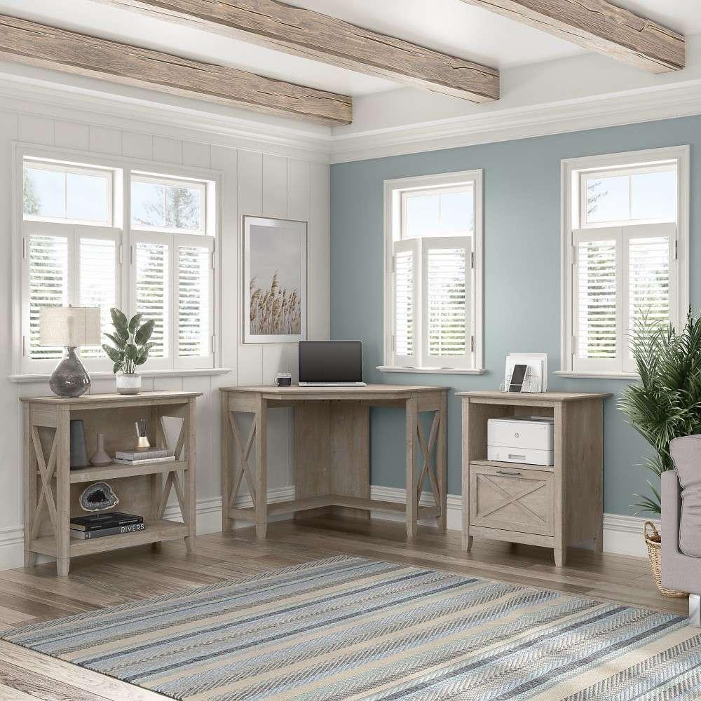 Bush Furniture - Key West Small Corner Desk with Bookcase and Lateral File Cabinet in Washed Gray - KWS050WG veiw 4