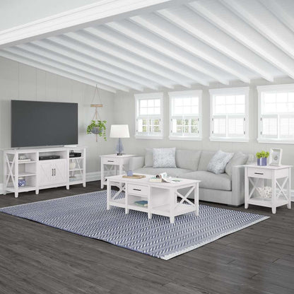 Bush Furniture - Key West Tall TV Stand with Coffee Table and (Set of 2) End Tables in Pure White Oak - KWS025WT veiw 1