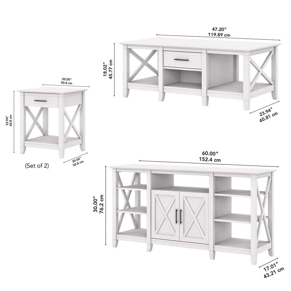 Bush Furniture - Key West Tall TV Stand with Coffee Table and (Set of 2) End Tables in Pure White Oak - KWS025WT veiw 6