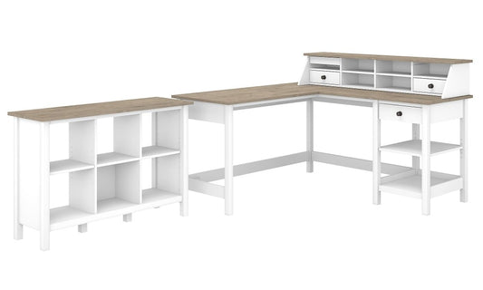 Bush Furniture - Mayfield 60W L Shaped Computer Desk with Desktop Organizer and 6 Cube Bookcase in Pure White and Shiplap Gray - MAY013GW2 veiw 1
