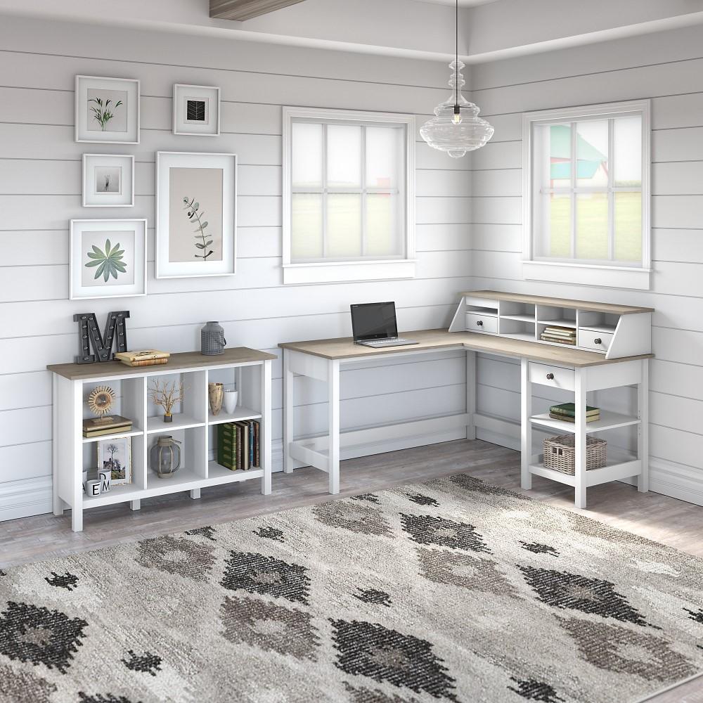 Bush Furniture - Mayfield 60W L Shaped Computer Desk with Desktop Organizer and 6 Cube Bookcase in Pure White and Shiplap Gray - MAY013GW2 veiw 5