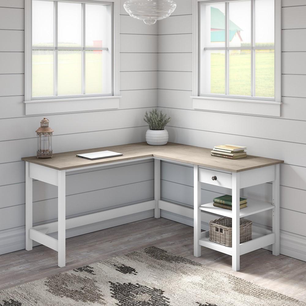Bush Furniture - Mayfield 60W L Shaped Computer Desk with Storage in Pure White and Shiplap Gray - MAD260GW2-03 veiw 5
