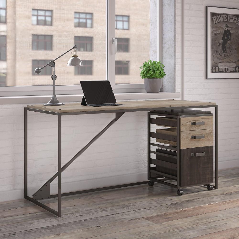 Bush Furniture - Refinery 62W Industrial Desk with 3 Drawer Mobile File Cabinet in Rustic Gray - RFY005RG veiw 2