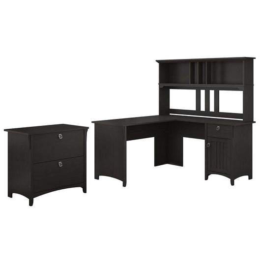 Bush Furniture - Salinas 60W L Shaped Desk with Hutch and Lateral File Cabinet in Vintage Black - SAL005VB veiw 1