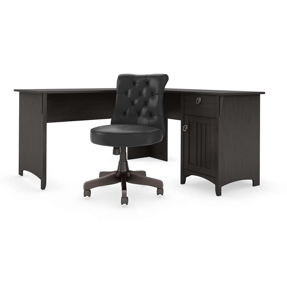 Bush Furniture - Salinas 60W L Shaped Desk with Mid Back Tufted Office Chair in Vintage Black - SAL010VB veiw 1