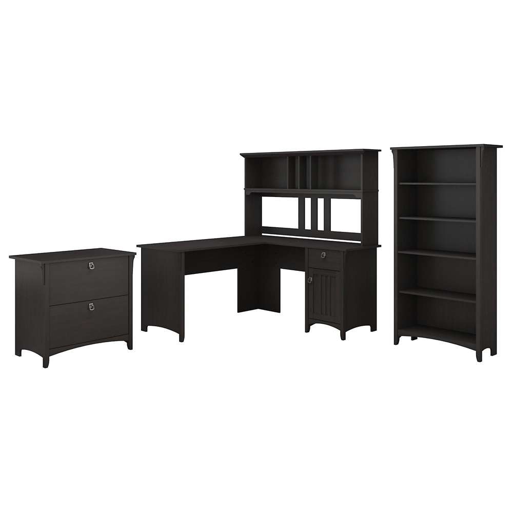 Bush Furniture Salinas 60"W L Shaped Desk with Hutch, Lateral File Cabinet and 5 Shelf Bookcase