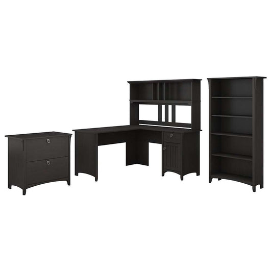 Bush Furniture - Salinas 60W L Shaped Desk with Hutch, Lateral File Cabinet and 5 Shelf Bookcase in Vintage Black - SAL007VB veiw 1