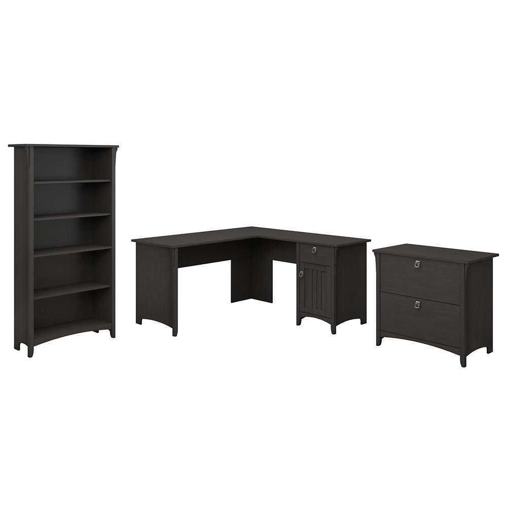 Bush Furniture - Salinas 60W L Shaped Desk with Lateral File Cabinet and 5 Shelf Bookcase in Vintage Black - SAL003VB veiw 1