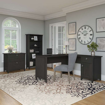 Bush Furniture - Salinas 60W L Shaped Desk with Lateral File Cabinet and 5 Shelf Bookcase in Vintage Black - SAL003VB veiw 4