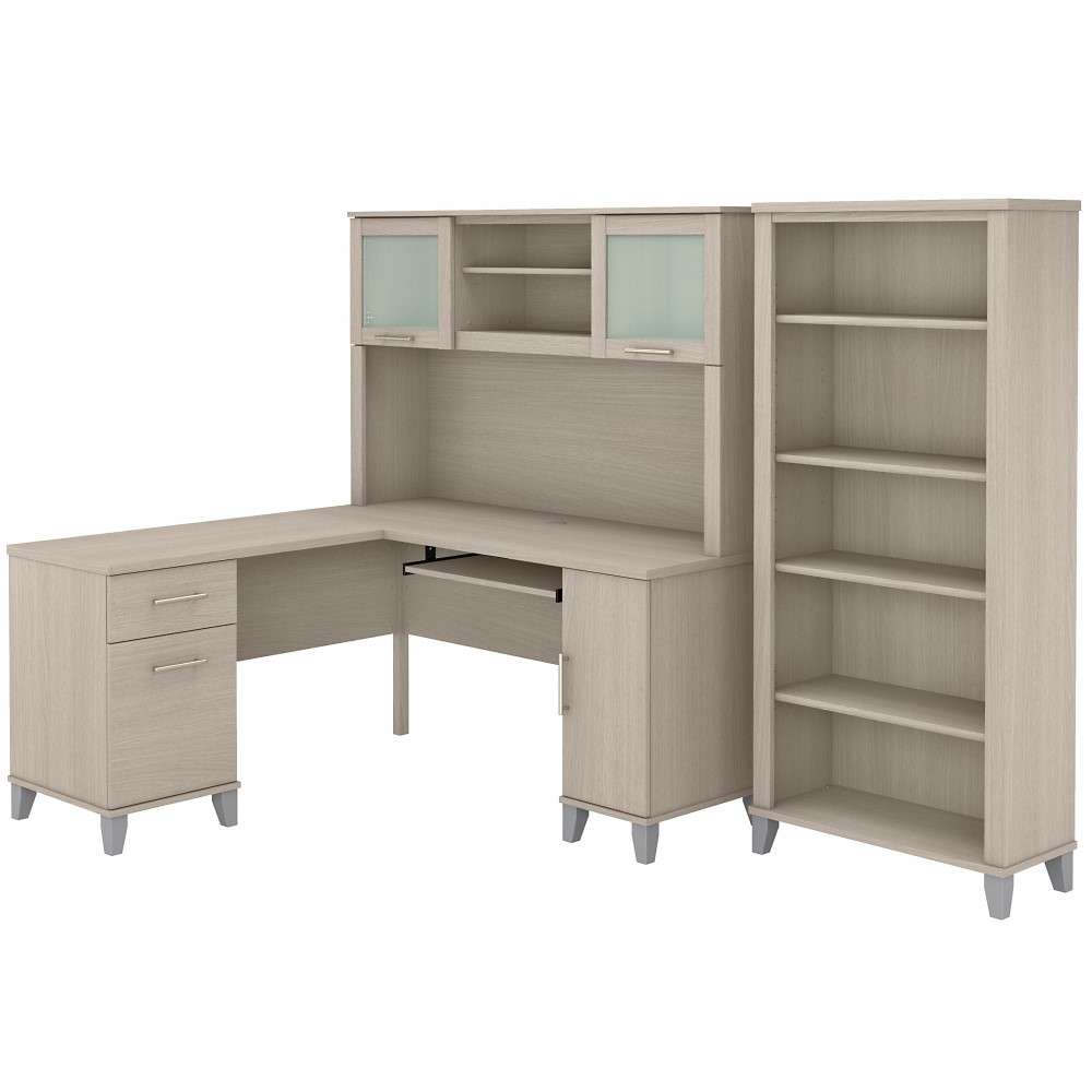 Bush Furniture - Somerset 60W L Desk with Hutch and Bookcase in Sand Oak - SET010SO veiw 1