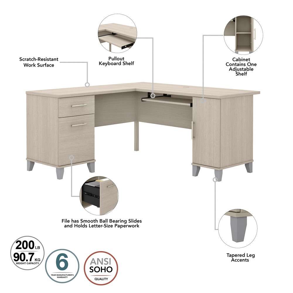 Bush Furniture - Somerset 60W L Desk with Hutch and Bookcase in Sand Oak - SET010SO veiw 2