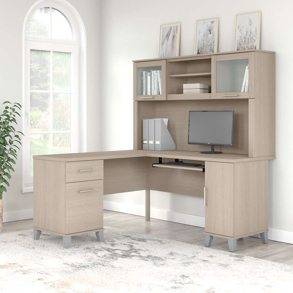 Bush Furniture - Somerset 60W L Desk with Hutch in Sand Oak - SET002SO veiw 4
