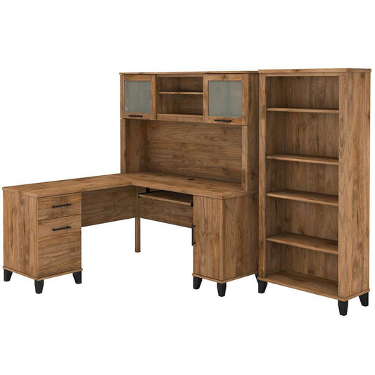 Bush Furniture - Somerset 60W L Shaped Desk with Hutch and 5 Shelf Bookcase in Fresh Walnut - SET010FW veiw 1