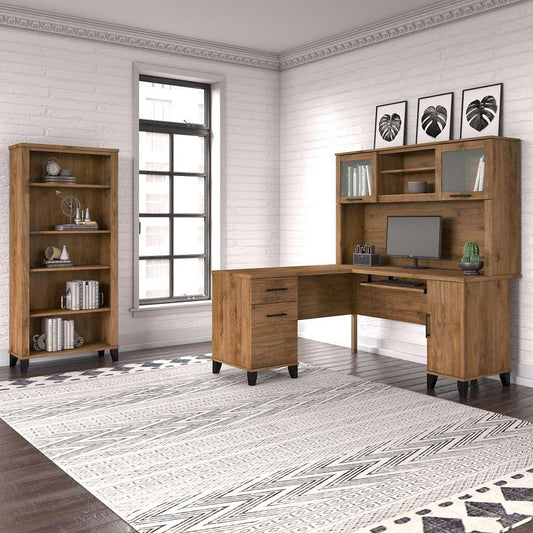 Bush Furniture - Somerset 60W L Shaped Desk with Hutch and 5 Shelf Bookcase in Fresh Walnut - SET010FW veiw 2
