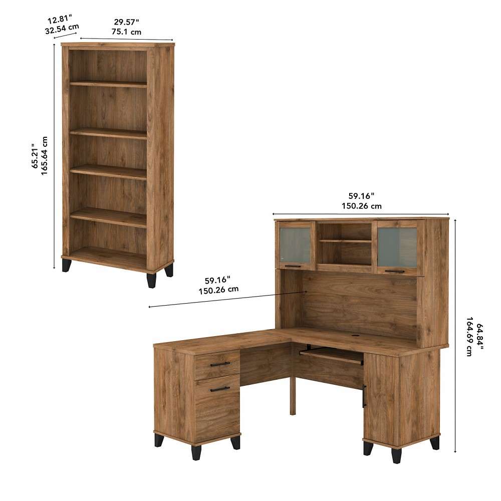 Bush Furniture - Somerset 60W L Shaped Desk with Hutch and 5 Shelf Bookcase in Fresh Walnut - SET010FW veiw 7