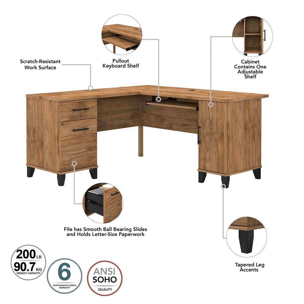 Bush Furniture - Somerset 60W L Shaped Desk with Storage in Fresh Walnut - WC81330K veiw 6